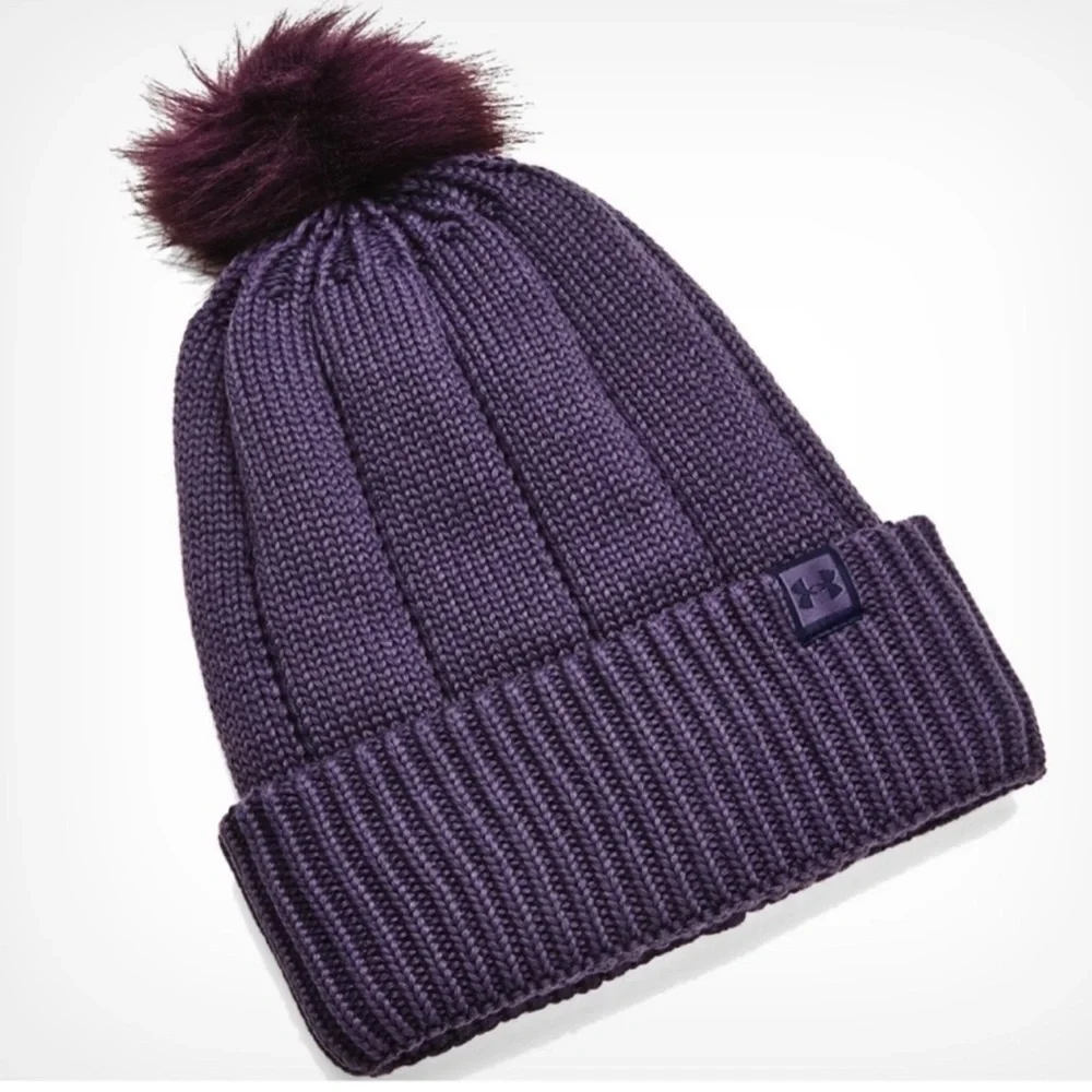 Under Armour UA Coldgear Infrared Around Town Beanie Hat with Pom Purple